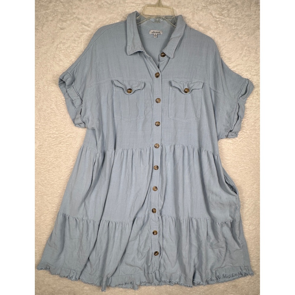 White Birch Tiered Dress Womens XL Blue Boho Lagenlook Cowgirl Cotton Linen - Picture 1 of 10